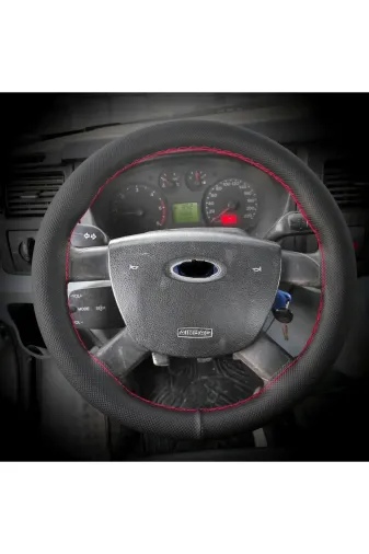DİKİŞLİ DİREKSİYON KILIFI İTHAL NOKTALI DERİ KIRMIZI DİKİŞLİ FORD TRANSİT İÇİN
