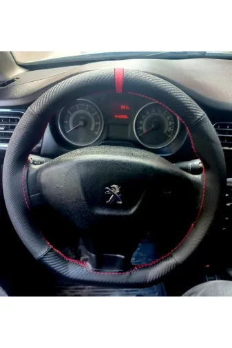 DİKİŞLİ DİREKSİYON KILIFI KARBON DERİ NOKTALI DERİ KIRMIZI YÜZÜK KIRMIZI DİKİŞ PEUGEOT 301 İÇİN