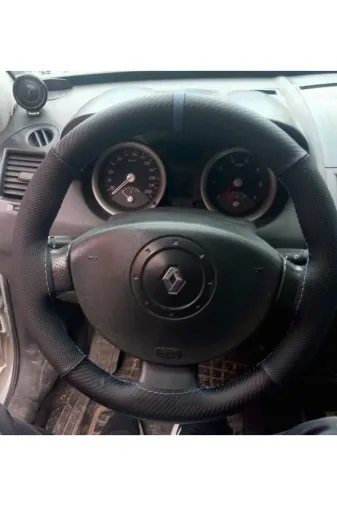DİKİŞLİ DİREKSİYON KILIFI KARBON DERİ NOKTALI DERİ MAVİ YÜZÜK MAVİ DİKİŞLİ RENO MEGANE 2 İÇİN