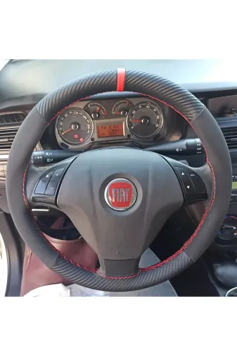 DİKİŞLİ DİREKSİYON KILIFI KARBON DERİ NUBUK DERİ KIRMIZI YÜZÜK KIRMIZI DİKİŞLİ FIAT LİNEA İÇİN