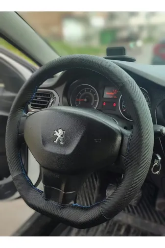 DİKİŞLİ DİREKSİYON KILIFI KARBON / NOKTA DERİ MAVİ DİKİŞLİ PEUGEOT 301 VE CİTROEN ELYSEE İÇİN
