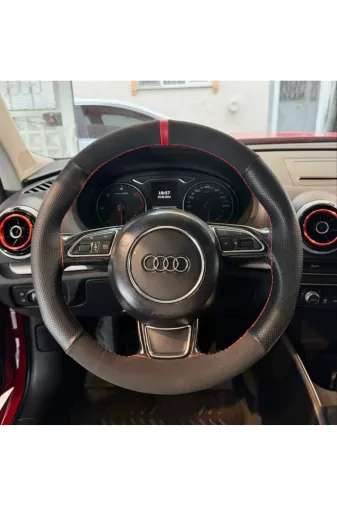 Dikişli Direksiyon Kılıfı Noktalı Nubuk Kırmızı Yüzük Kırmızı Dikiş Audi A3 İçin