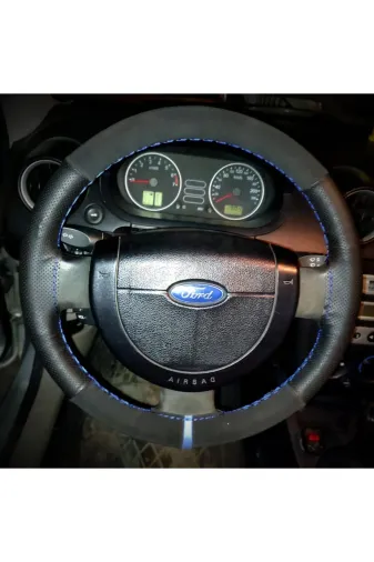 DİKİŞLİ DİREKSİYON KILIFI NUBUK DERİ NOKTALI DERİ MAVİ YÜZÜK / DİKİŞ FORD CONNECT İÇİN