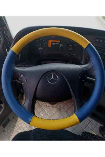 DİKİŞLİ DİREKSİYON KILIFI SARİ / MAVİ DERİ SİYAH DİKİŞLİ MERCEDES KAMYON OTOBÜS BU DİREKSİYONA