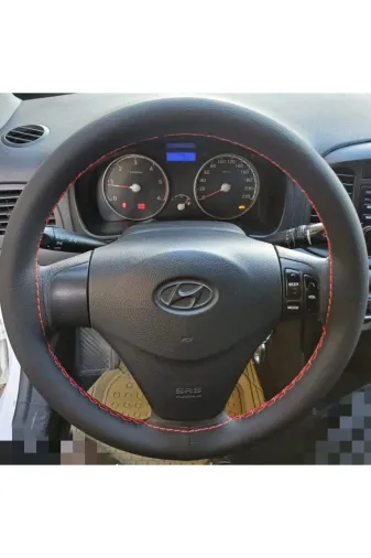 DİKİŞLİ DİREKSİYON KILIFI SİYAH DAMARLI DERİ KIRMIZI DİKİŞLİ HYUNDAİ ACCENT ERA İÇİN