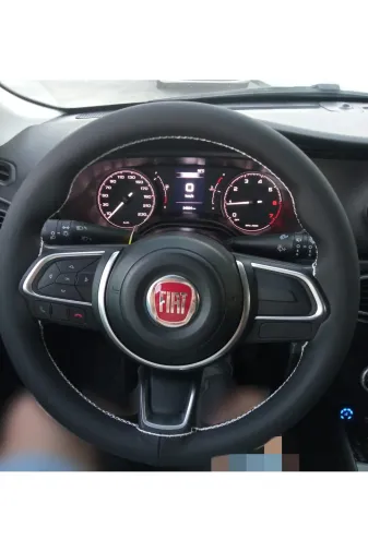 DİKİŞLİ DİREKSİYON KILIFI SİYAH DERİ BEYAZ DİKİŞLİ FIAT EGEA İÇİN