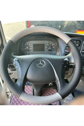 DİKİŞLİ DİREKSİYON KILIFI SİYAH DERİ GRİ DERİ SİYAH DİKİŞLİ MERCEDES ACTROS 1841 İÇİN