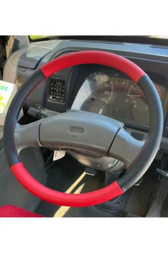 DİKİŞLİ DİREKSİYON KILIFI SİYAH DERİ KIRMIZI DERİ KIRMIZI DİKİŞLİ MİTSUBİSHİ CANTER VE 449E OTOBÜS