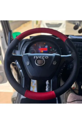 DİKİŞLİ DİREKSİYON KILIFI SİYAH DERİ KIRMIZI DERİ SİYAH DİKİŞLİ IVECO STRALİS TIR KAMYON İÇİN