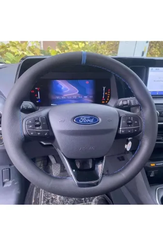 DİKİŞLİ DİREKSİYON KILIFI SİYAH DERİ MAVİ YÜZÜKLÜ FOCUS