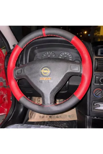 DİKİŞLİ DİREKSİYON KILIFI SİYAH / KIRMIZI DERİ KIRMIZI YÜZÜK KIRMIZI DİKİŞLİ OPEL ASTRA İÇİN