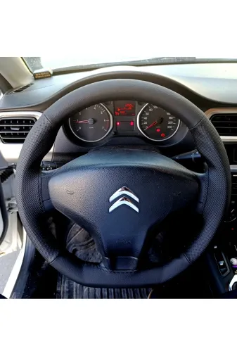 DİKİŞLİ DİREKSİYON KILIFI SİYAH / NOKTALI DERİ SİYAH DİKİŞLİ CİTROEN ELYSEE VE PEUGEOT 301 İÇİN