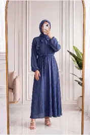 Dilgenur Omzu Fırfırlı Şifon Elbise-BN4635 Lacivert