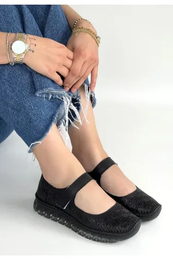 DMR Elegance AYKXML-BRKD-9035000268977 Sina Siyah Deri Cırt Cırtlı Babet Ayakkabı