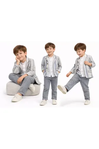 DMR Elegance DMR-BABY-Babyxml-1A2059-DENZCK0029 1-5 Yaş Müslin Gömlekli Keten 3 Parça Çocuk Takımı