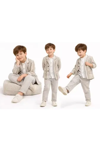 DMR Elegance DMR-BABY-Babyxml-1A2061-DENZCK0029 1-5 Yaş Müslin Gömlekli Keten 3 Parça Çocuk Takımı