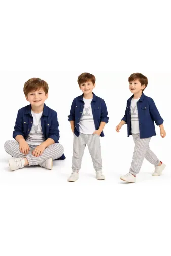 DMR Elegance DMR-BABY-Babyxml-1A2066-DENZCK0031 2-6 Yaş Müslin Gömlekli Tişörtlü 3Lü Çocuk Takımı
