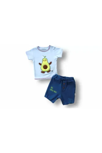 DMR Elegance DMR-BABY-Babyxml-1A311-DENZCK75508 3-6 6-9 9-12 12-18 Ay Avokado Nakışlı Kısa Kollu Sweatli Şortlu 2Li Kız-Erkek Bebek Takımı Mavi