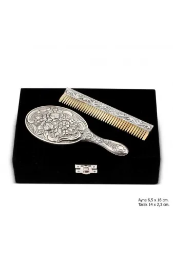 DMR Elegance DMR-GMSH-BRKD-KR2550044 Manolya Motifli Ayna Tarak Gümüş Set