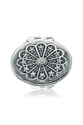 DMR Elegance DMR-GMSH-BRKD-KR2550057 Gümüş Papatya Motifli Kapaklı Oval El Aynası