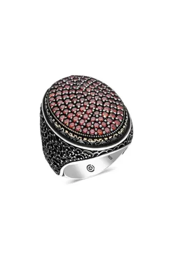 DMR Elegance DMR-GMSH-BRKD-MR11002760 Gümüş Kırmızı Zirkon Taşlı Oval Erkek Yüzük