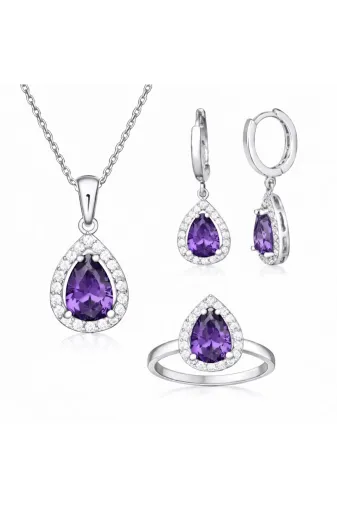 DMR Elegance DMR-GMSH-BRKD-ST11005028 Gümüş Mor Zirkon Taşlı Damla Kadın Set
