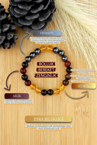 DOĞAL TAŞ CENNETİ 123ANKACEN1594 Doğal Taş Kadın , Erkek Para , Bolluk , Bereket Bilekliği Akik, Sitrin , Hematit Unisex Bileklik