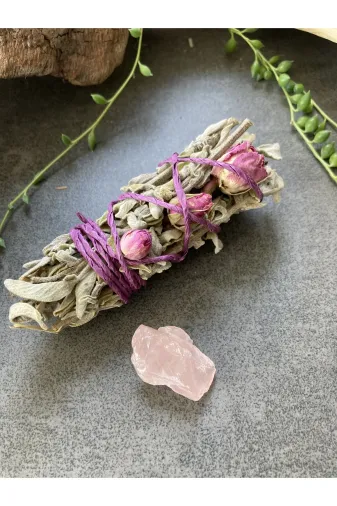 Doğaltaş ADA2 Pembe Kuvars Ve Güllü Adaçayi Demeti, Enerji Temizleme, Meditasyon, Sevgi Ritüel