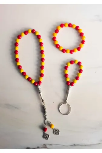 Doğaltaş fg6546yyy Sarı-Kırmızı 3Lü Set Tesbih, Bileklik Ve Anahtarlık