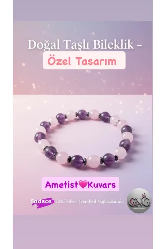 Doğaltaş GNGAkh12 Doğal Taş Bileklik – Pembe Kuvars & Ametist 7Mm Taşlı – Gng Silver Özel Tasarım