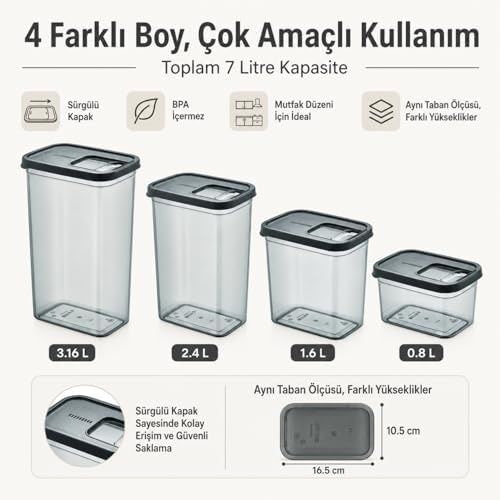 Domasnij Standart 131577124 Sürgülü Kapaklı Saklama Kabı Seti, 7 Litre, 4 Farklı Boyut, Büyük Küçük Boy Gıda Erzak Depolama Kutusu, Plastik Mutfak Düzenleyici Organizer, Kolay Ve Zahmetsiz Kullanım 0,8/1,6/2,4/3,16 L