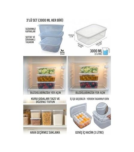 Domasnij Standart 131577162 Kapaklı Saklama Kabı 3&apos Lü Set, 3000 Ml Her Biri, Şeffaf, Bpa İçermez, Hava Geçirmez, İstiflenebilir