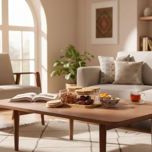 Domasnij Standart 131577371 Bambu Kapaklı Cam Kahvaltılık Seti Ahşap Standlı Şık Tezgah Üstü Baharat Ve Kuruyemiş Düzenleyici Kavanoz Bambu, 4&apos Lü Set