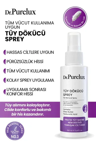 Dr.Purelux tüy3 Hassas Ciltlere Uygun Tüy Dökücü Sprey – Pürüzsüz Ve Yumuşak Cilt Hissi – Tüm Vücut Kullanıma Uygun