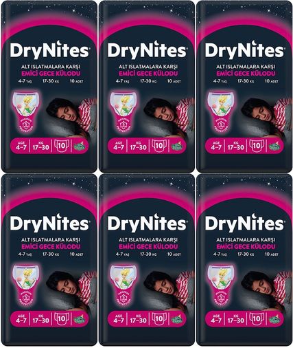 Drynites Emici Gece Külodu/Külot Bez Kız 4-7 Yaş 17-30 KG Large 60 Adet 6PK*10 Alt Islatmalara Karşı
