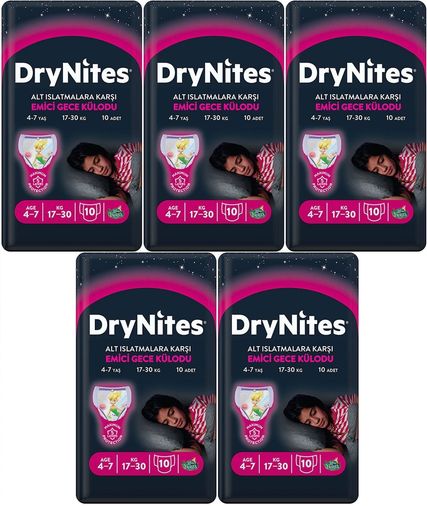 Drynites Emici Gece Külodu/Külot Bez Kız 4-7 Yaş 17-30 KG Large 50 Adet 5PK*10 Alt Islatmalara Karşı