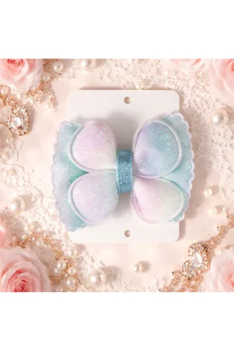 Duruconcept Tasarım Atölyesi FYK-MAV-02 Simli Mavi Fiyonk Toka Pastel Renkli Çocuk Saç Tokası