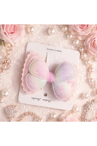 Duruconcept Tasarım Atölyesi FYK-PMB-01 Simli Pembe Fiyonk Toka Pastel Renkli Kız Çocuk Tokası Saç Aksesuarı