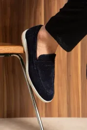Düz Hakiki Deri Erkek Günük Ayakkabı Lacivert Süet
