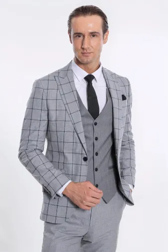 Ekose Ceketli Desenli Slim Fit Gri Erkek Takım Elbise - Wessi
