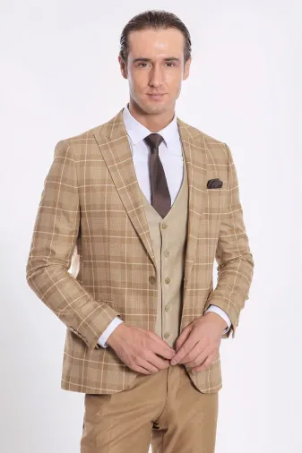 Ekose Ceketli Slim Fit Bej Erkek Takım Elbise - Wessi