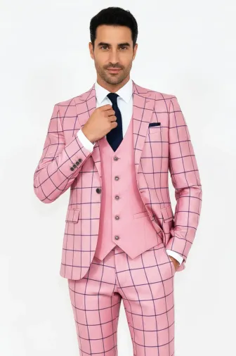 Ekose Ceketli Slim Fit Pembe Erkek Kombinli Takım Elbise - Wessi