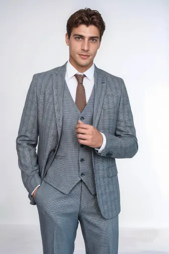 Ekose Lacivert Desen Slim Fit Yelekli Takım Elbise | Wessi