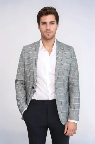Ekose Slim Fit Gri Erkek Ceket - Wessi