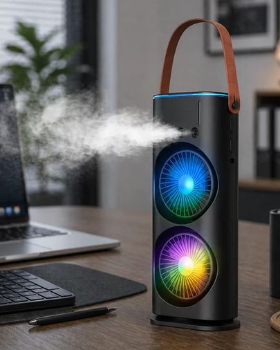 elektronikcim 125699495 Çift Başlıklı Taşınabilir Fan Rgb Işıklı Sprey Nemlendiricili Masaüstü Serinletici Fan Diğer