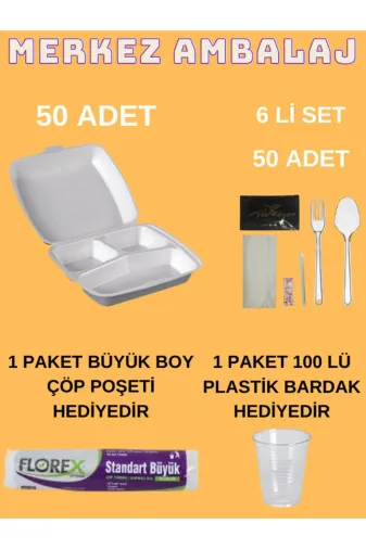 ELİMER ELFUMERSETİM4 3 Göz Köpük Tabak Kapaklı 50 Adet + 50 Adet 5 Li Yemek Ikram Seti Tekli Pakette Kına Işyeri Ofis