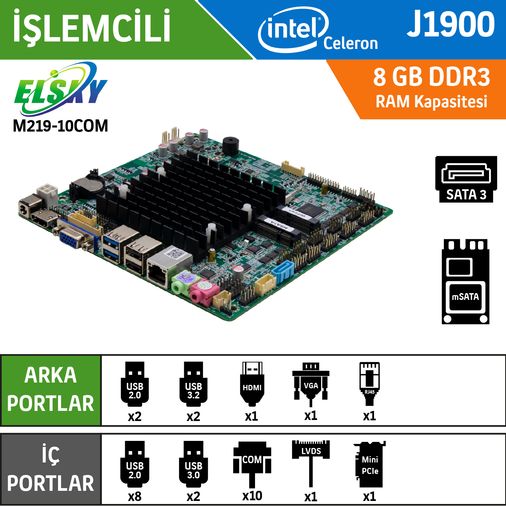 Elsky M219F-1LAN-10COM Intel Celeron J1900 Fansız Endüstriyel Mini ITX Anakart