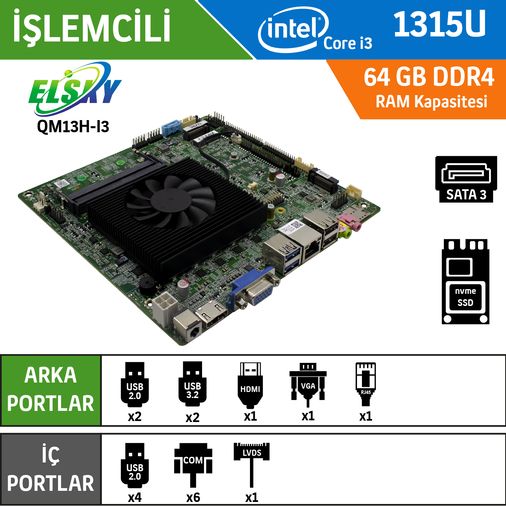 Elsky QM13H-I3-1LAN Intel Core i3 1315U Endüstriyel Mini ITX Anakart