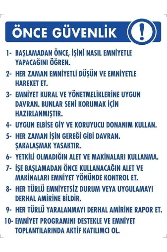 Emek İkaz Levhaları EMEK2003 Önce Güvenlik Talimatı Uyarı/ikaz Levhası