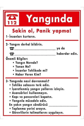 Emek İkaz Levhaları EMEK2031 Yangın Durumunda Yapılması Gerekenler Uyarı/ikaz Levhası